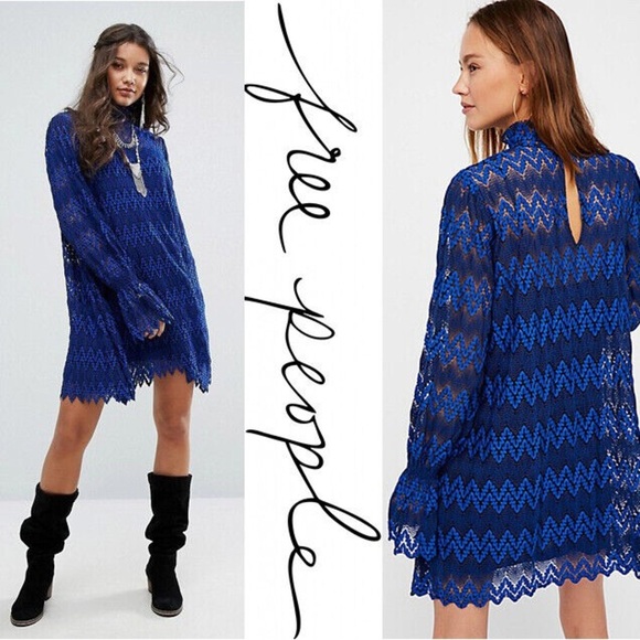 Free People Simone Blue Crochet Mini Dress With Lace Bell Sleeves Size Small - Picture 2 of 15